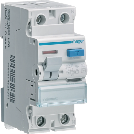 Hager RCCB CDC241J 40A 2P 30mA, front view with blue test button and dual terminal blocks UAE