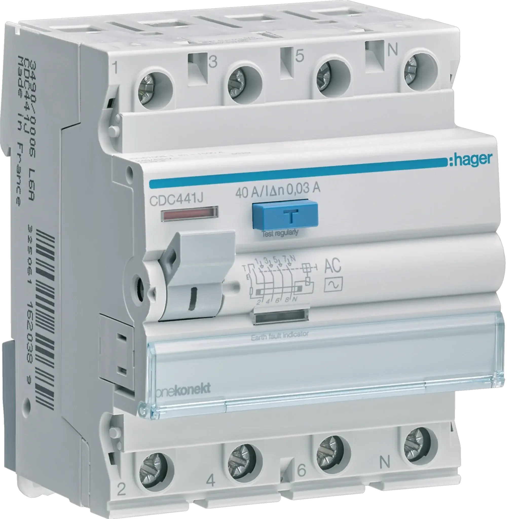 Hager CDC441J RCCB 40A 4P 30 mA residual current circuit breaker, front view with blue test button UAE