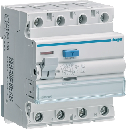 Hager CDC464J RCCB 63A 4P 30mA, white four-pole residual current circuit breaker with blue test button. UAE