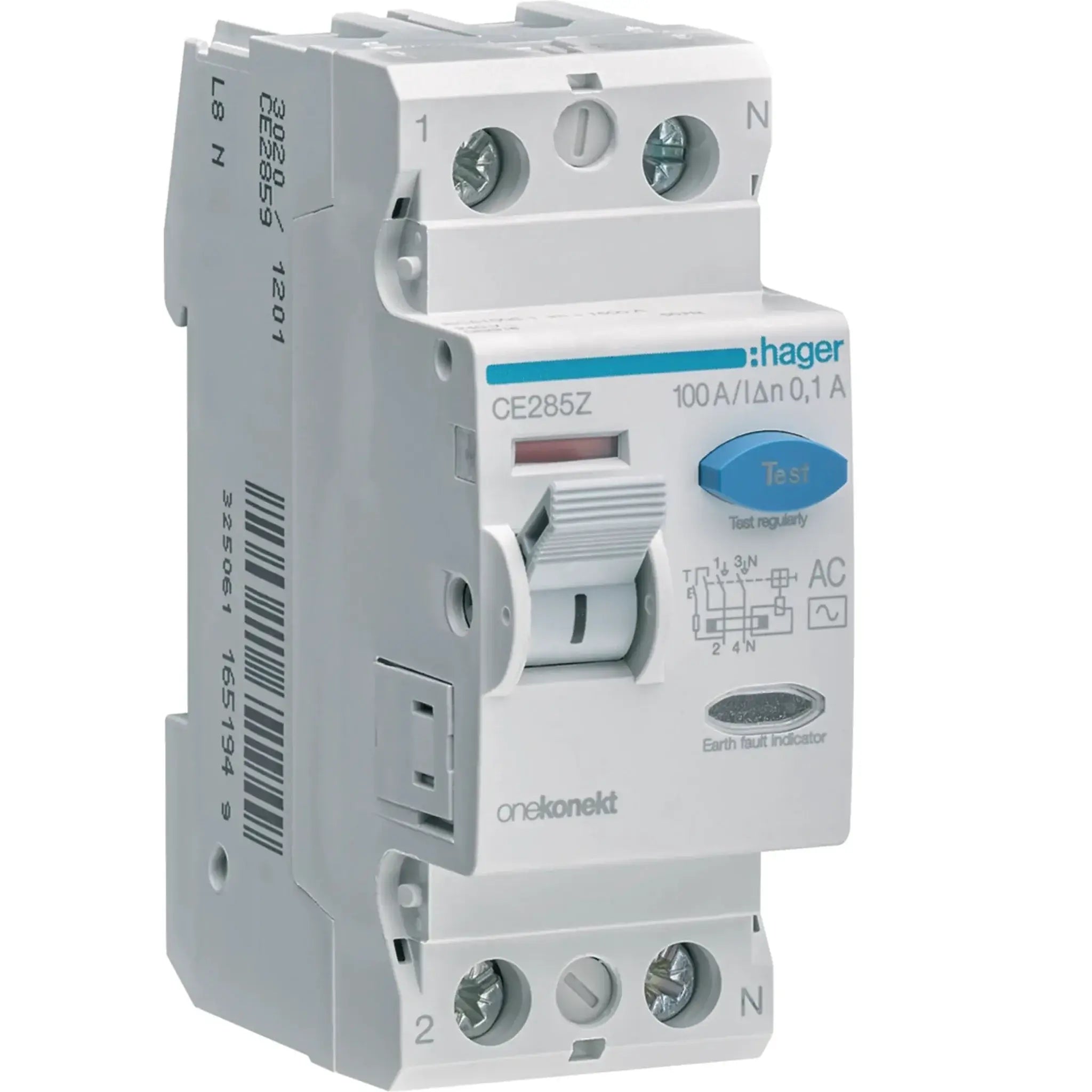 Hager CE285Z RCCB 100A 2P 100mA residual current circuit breaker with blue Test button, front view. UAE