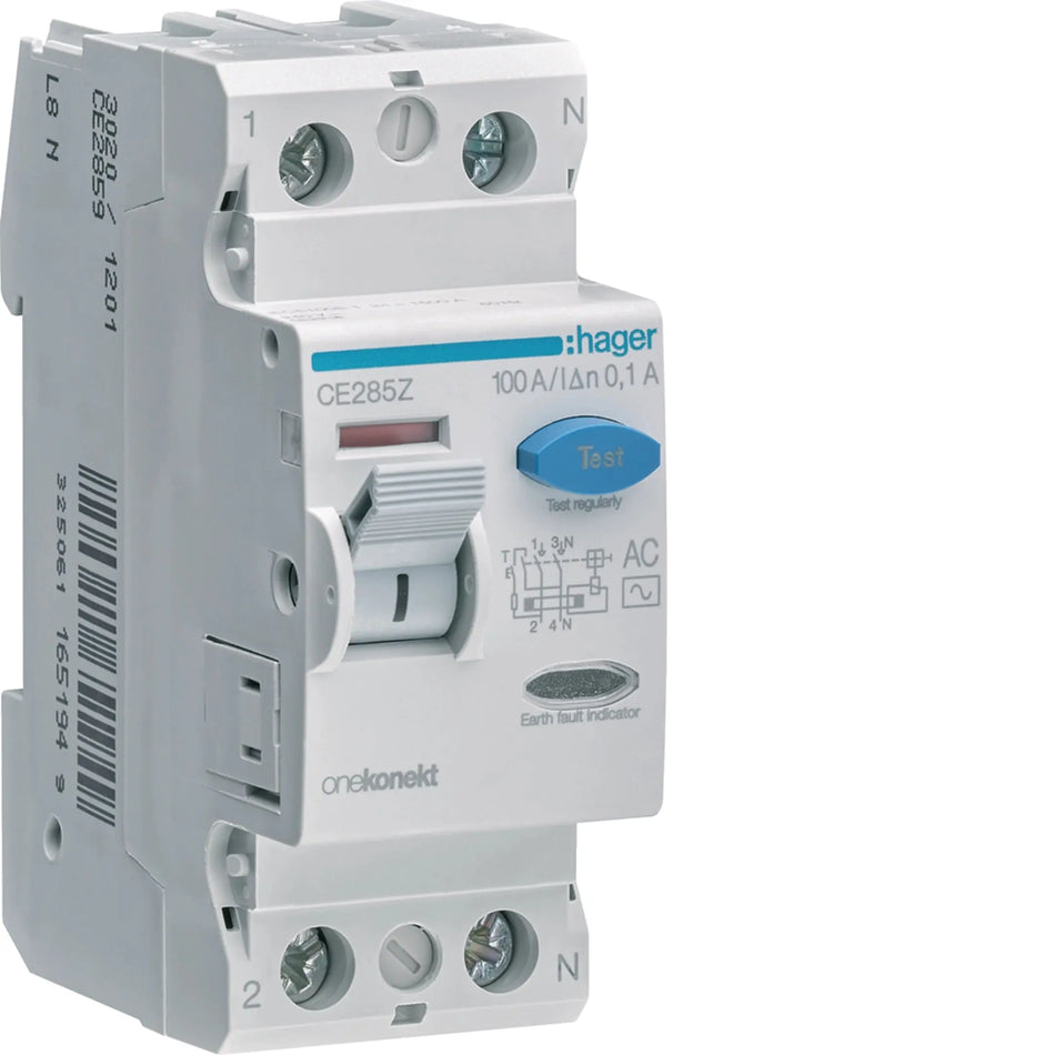 Hager CE285Z 2-pole 100A 100mA Type AC RCCB (ELCB) — official Hager product photo
