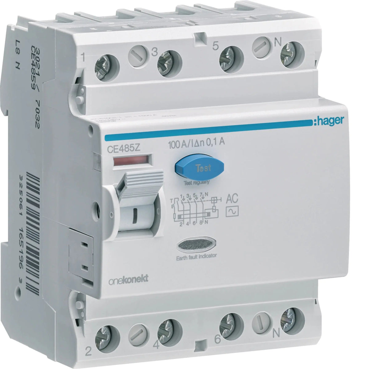 Hager CE485Z 4-pole 100A 100mA Type AC RCCB (ELCB) — official Hager product photo