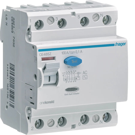 Hager CE485Z 4-pole 100A 100mA Type AC RCCB (ELCB) — official Hager product photo