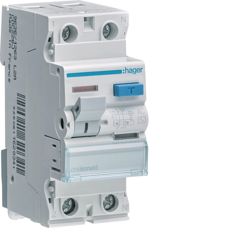 Hager CEC226J Onekonekt 2-pole 25A 100mA Type AC RCCB (ELCB) — official Hager product photo