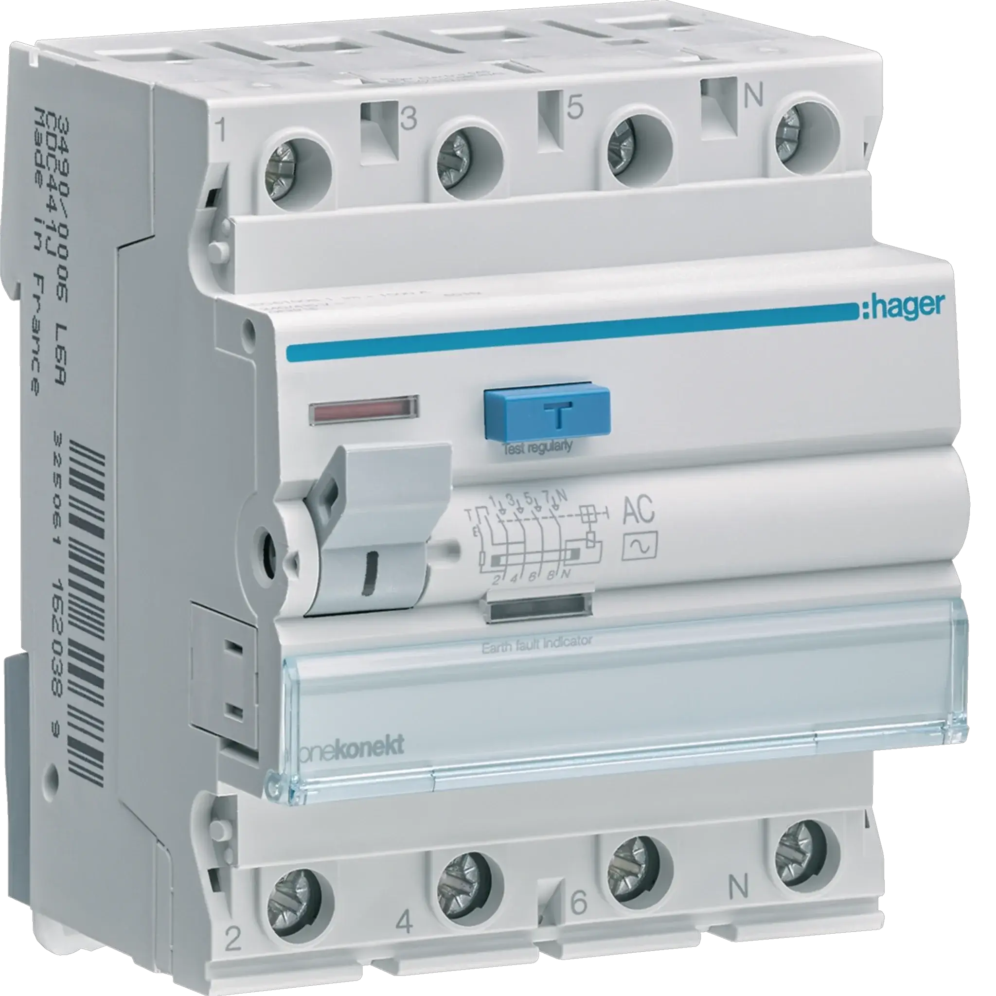 Hager Onekonekt RCCB CEC426J, 25A 4P, 100mA - front view of white circuit breaker with blue test button UAE
