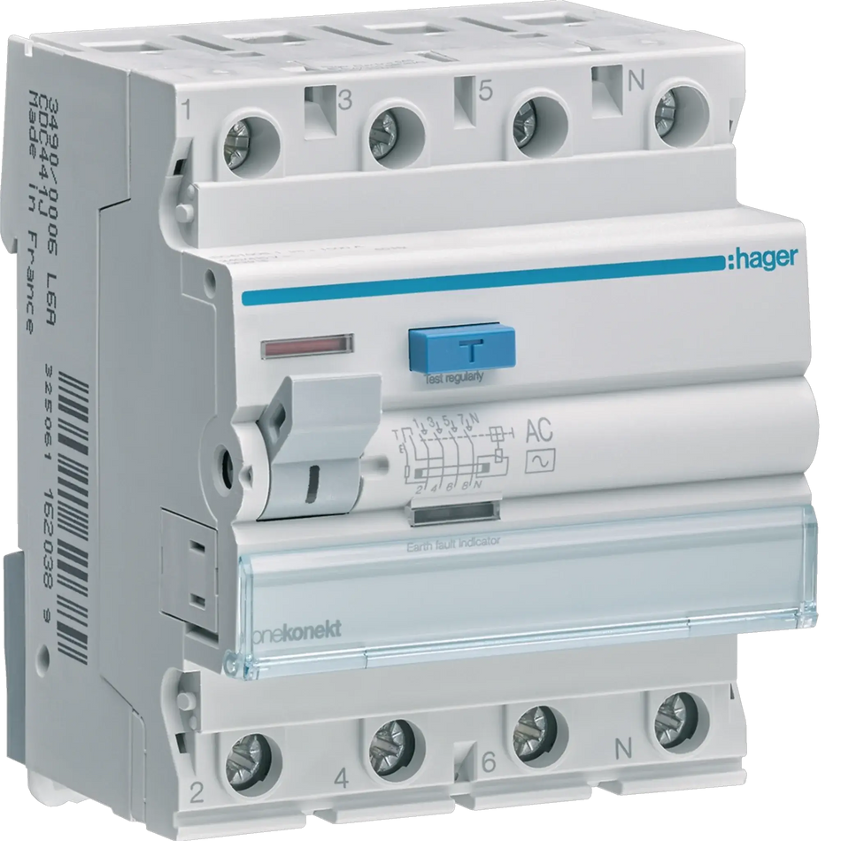 Hager Onekonekt RCCB CEC426J, 25A 4P, 100mA - front view of white circuit breaker with blue test button UAE