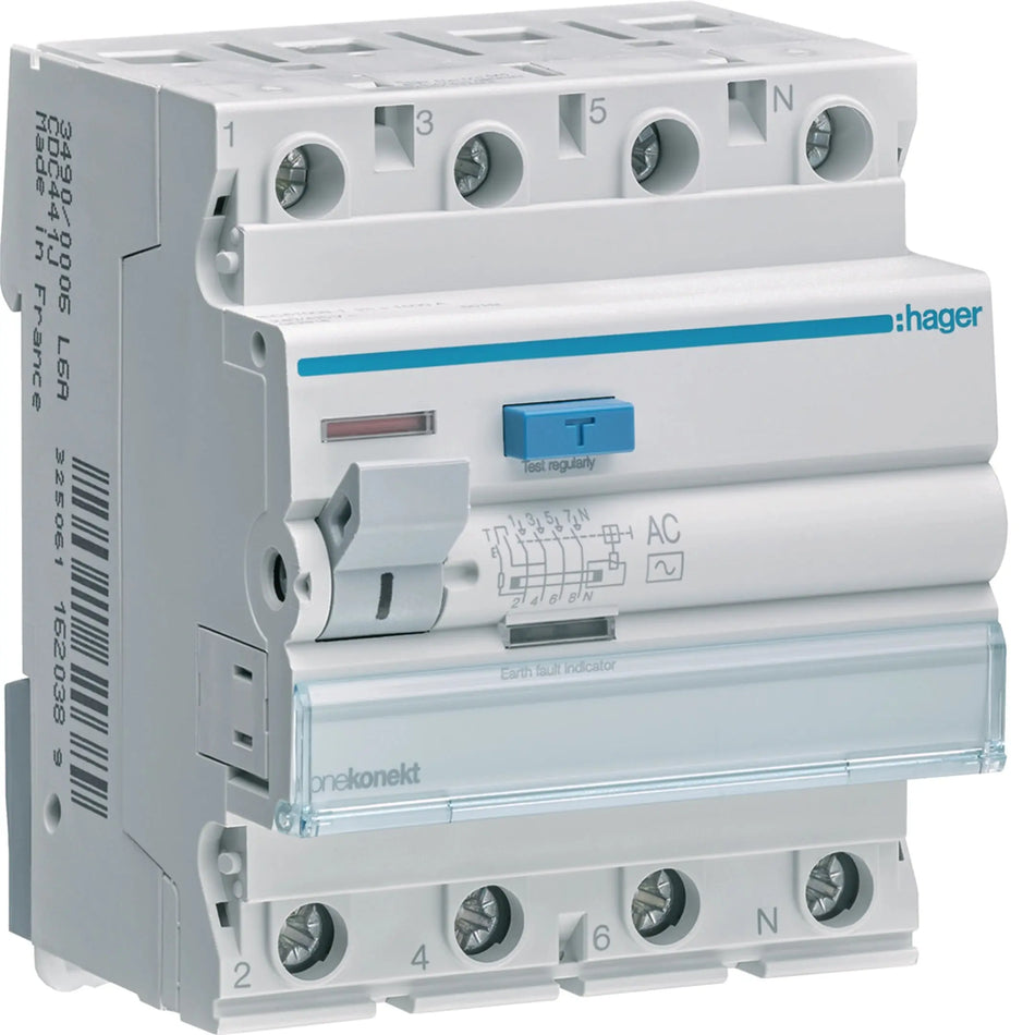 Hager CEC441J 4-pole 40A 100mA Type AC RCCB (ELCB) — official Hager product photo