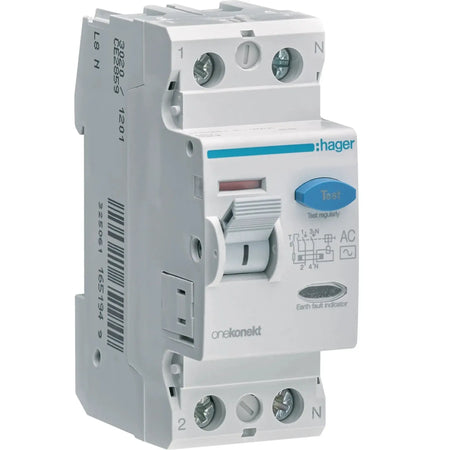 Hager CF285Z RCCB (ELCB) 100A 2P 300mA, white with blue Test button, front view. UAE