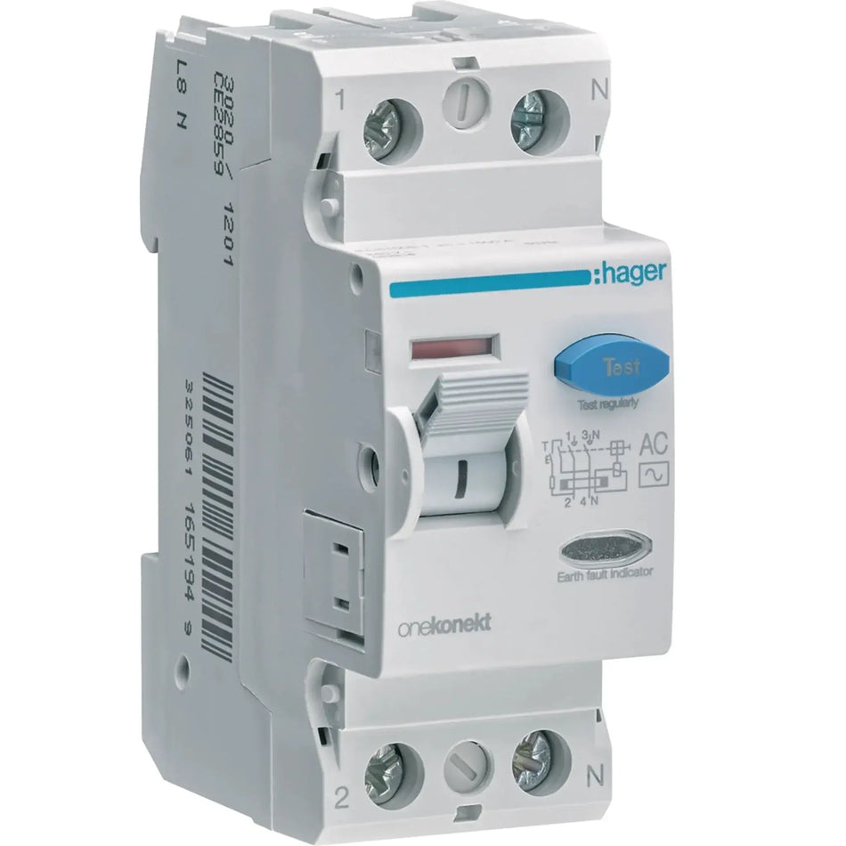 Hager CF285Z RCCB (ELCB) 100A 2P 300mA, white with blue Test button, front view. UAE