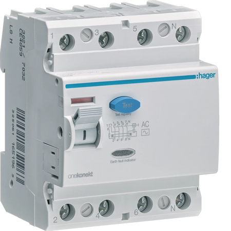 Hager RCCB (ELCB) 4P 100A 300mA CF485Z front view with blue Test button. UAE