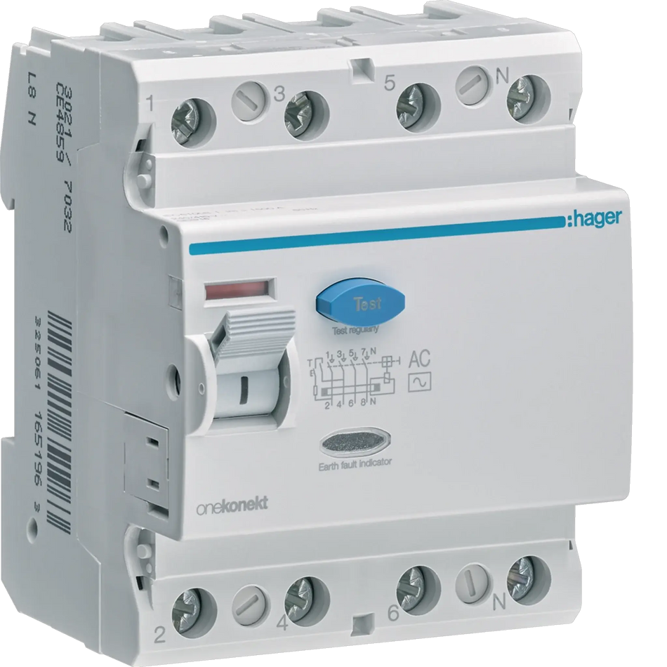 Hager RCCB (ELCB) 4P 100A 300mA CF485Z front view with blue Test button. UAE