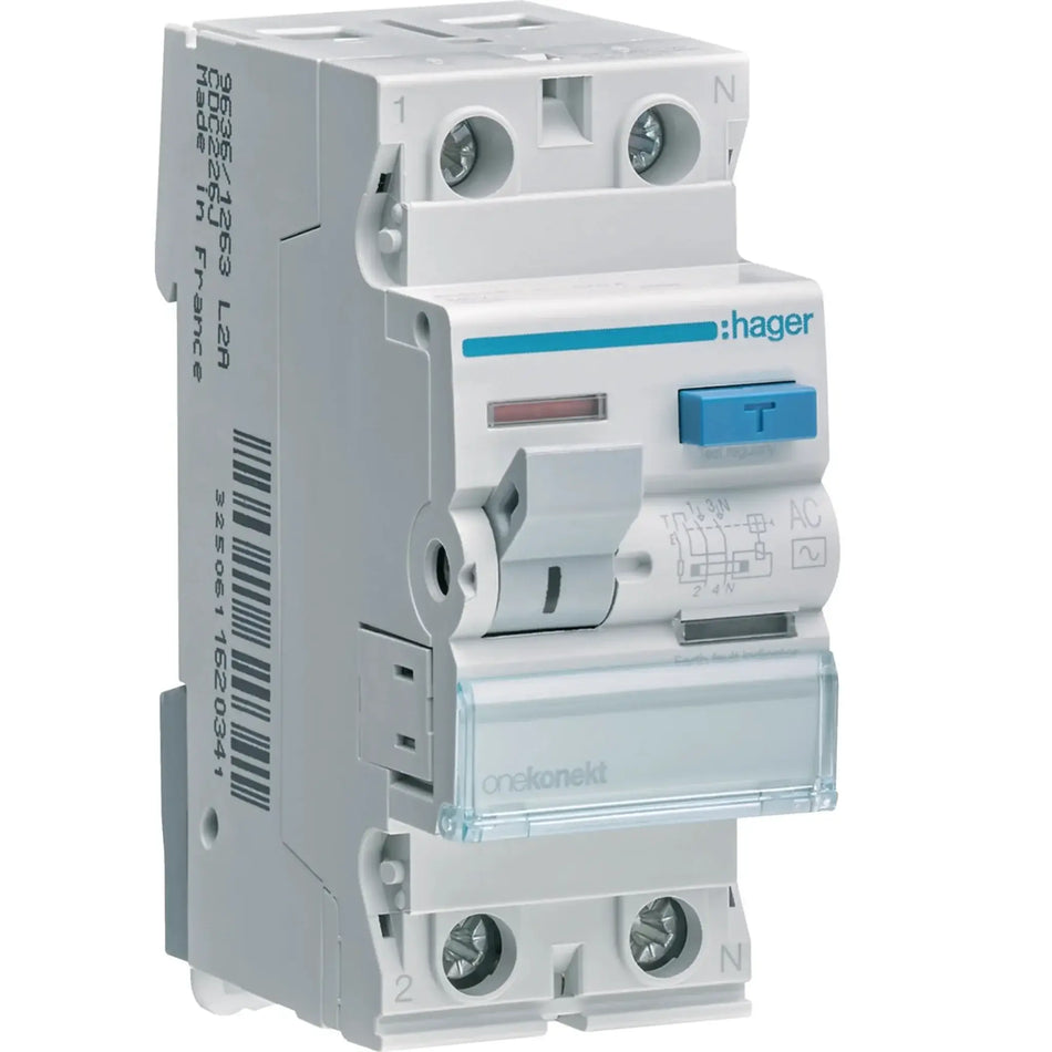 Hager CFC264J RCCB/ELCB, 63A 2-pole, 300mA, front-view with blue test button UAE
