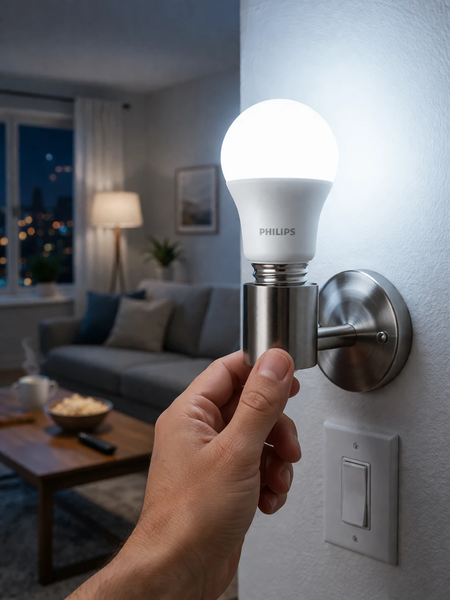 Philips Essential LED Bulb 13W E27, 6500K cool daylight, illuminated in a wall sconce; hand grips the metal base. UAE