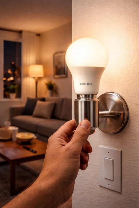 Philips Essential LED Bulb 11W E27, warm white 3000K, held by hand next to wall sconce in living room UAE