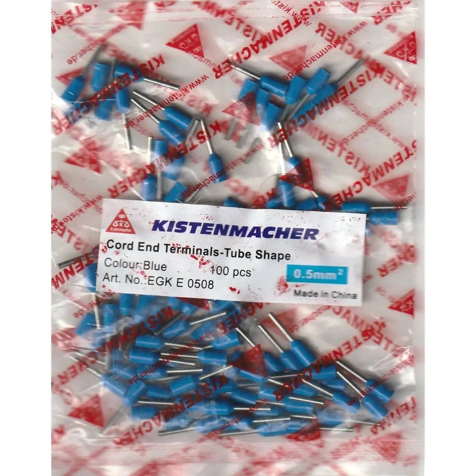 Kistenmacher insulated cord end terminals, blue tube-shape connectors, 0.5mm2, 400 pcs in clear bag UAE