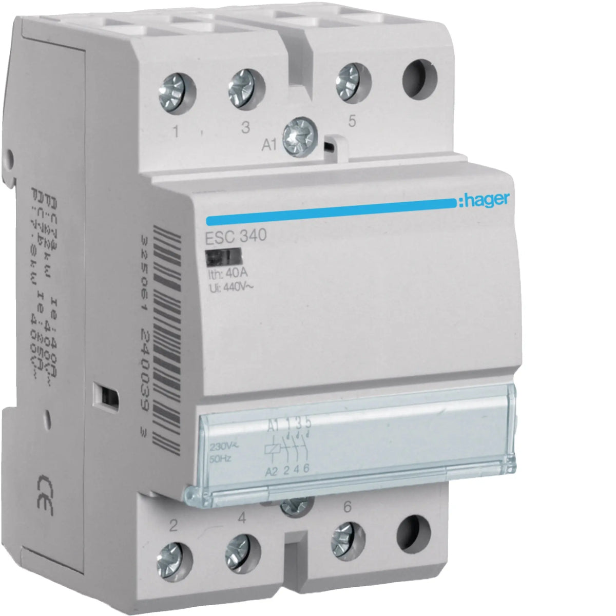 Hager ESC340 40A 3-pole installation contactor 230V AC — official Hager product photo