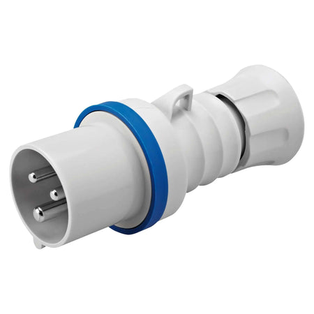 Gewiss GW60015H straight plug 32A 2P+E IP44/IP54, white body with blue ring, front view UAE