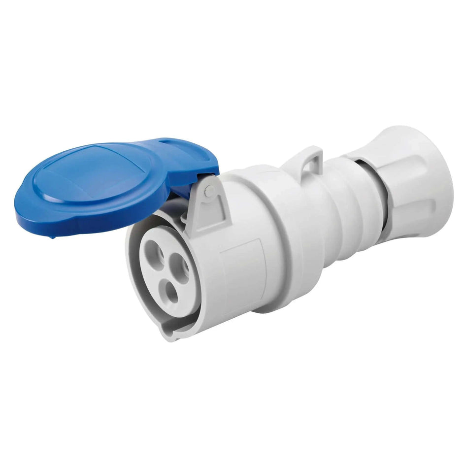 Gewiss GW62015H 32A 2P+E straight wall socket with blue flip-cover, white body, front view. UAE