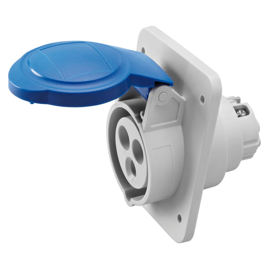 Gewiss GW62216H 10° Angled Flush-Mount Socket Outlet, 32A 230V 3-Pin (2P+E), IP44 Blue