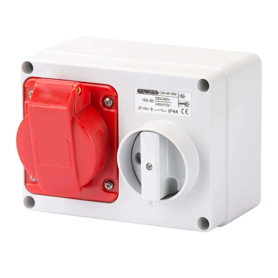Gewiss GW66009 horizontal interlocked wall socket with red safety cover, 16A 3P+E IP44. UAE