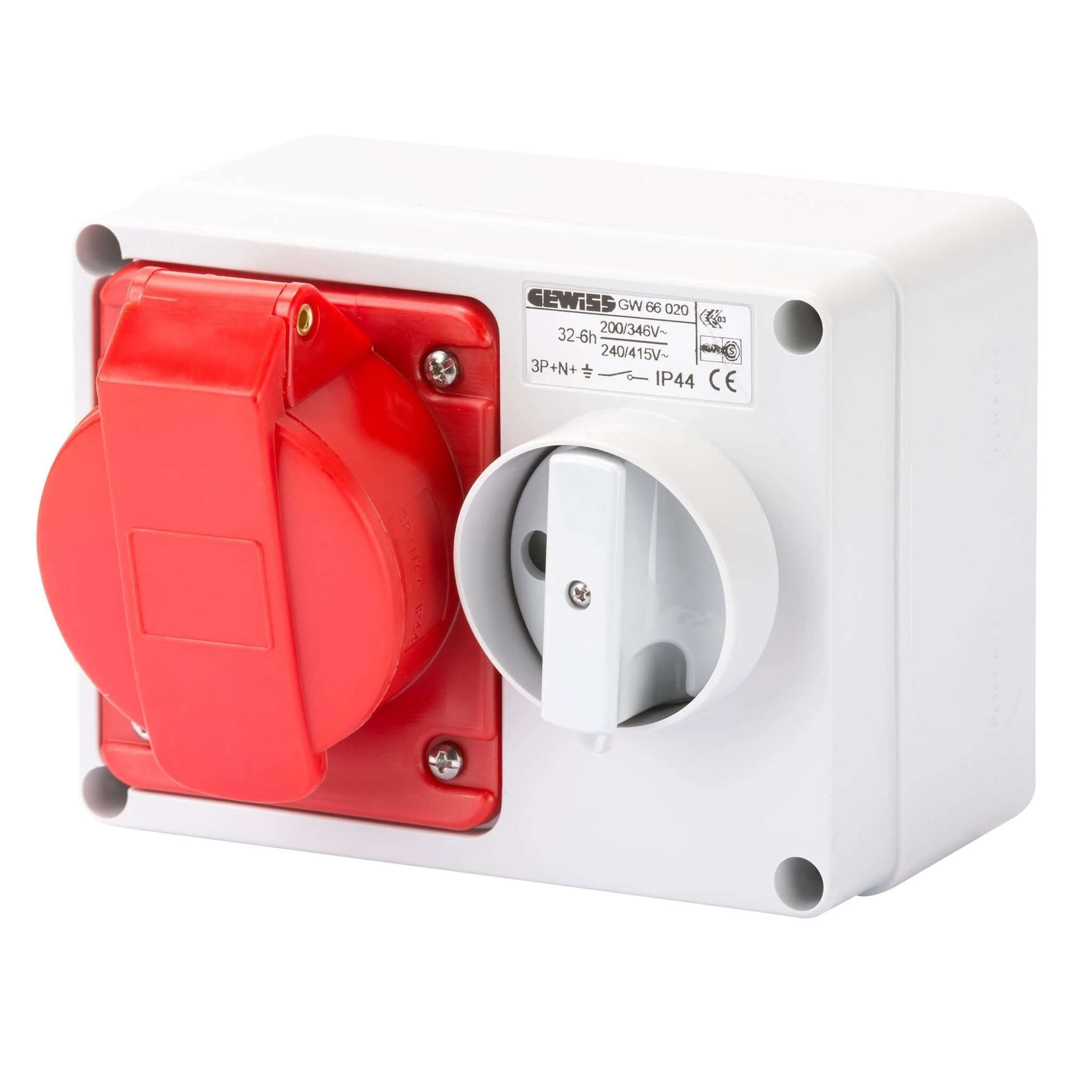 Alt Tag: Gewiss Fixed Interlocked Socket Outlet GW66020 32A 3P+N+E IP44 red industrial socket outlet with interlock switch UA