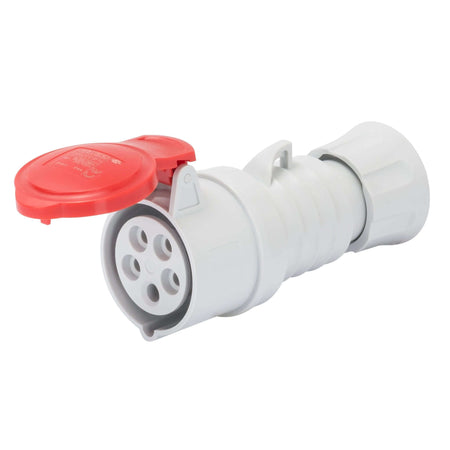 Gewiss GW62020H straight connector, white body with red IP44/IP54 protective cap, 5-pin 3P+N+E, 32A. UAE