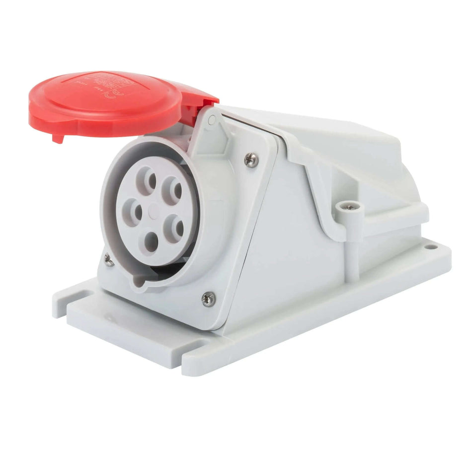 Gewiss GW62482 90° angled surface-mount socket outlet, 5-pin (3P+N+E), IP44 with red protective cap UAE