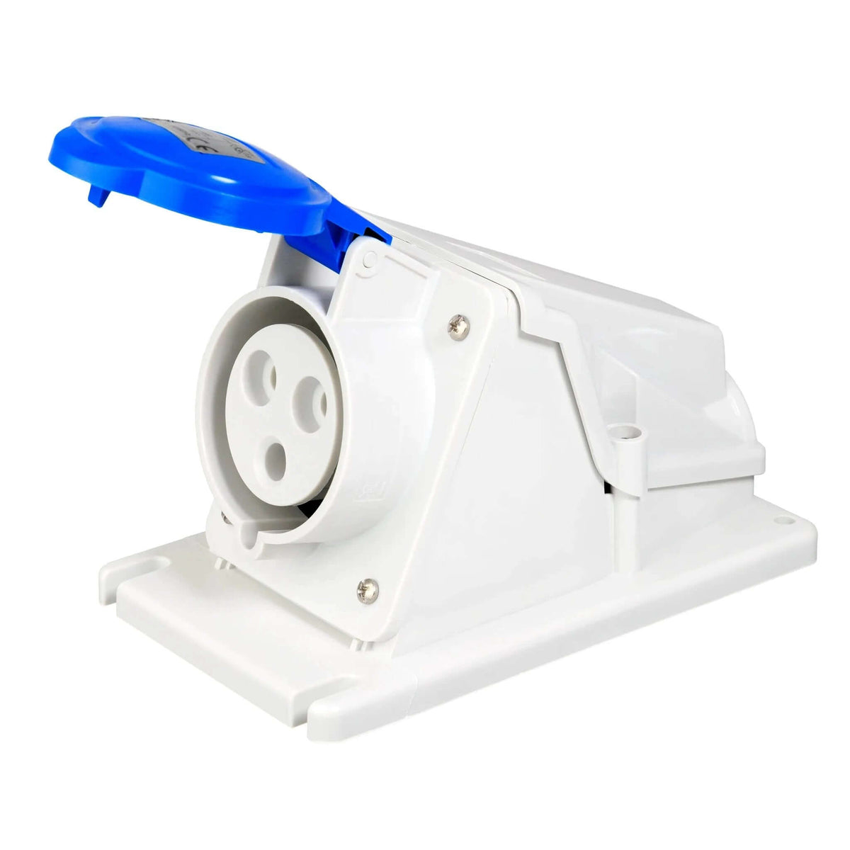 Gewiss GW62488 socket outlet, 90° angled surface-mount, blue lid on white base, IP44, 32A 2P+E UAE