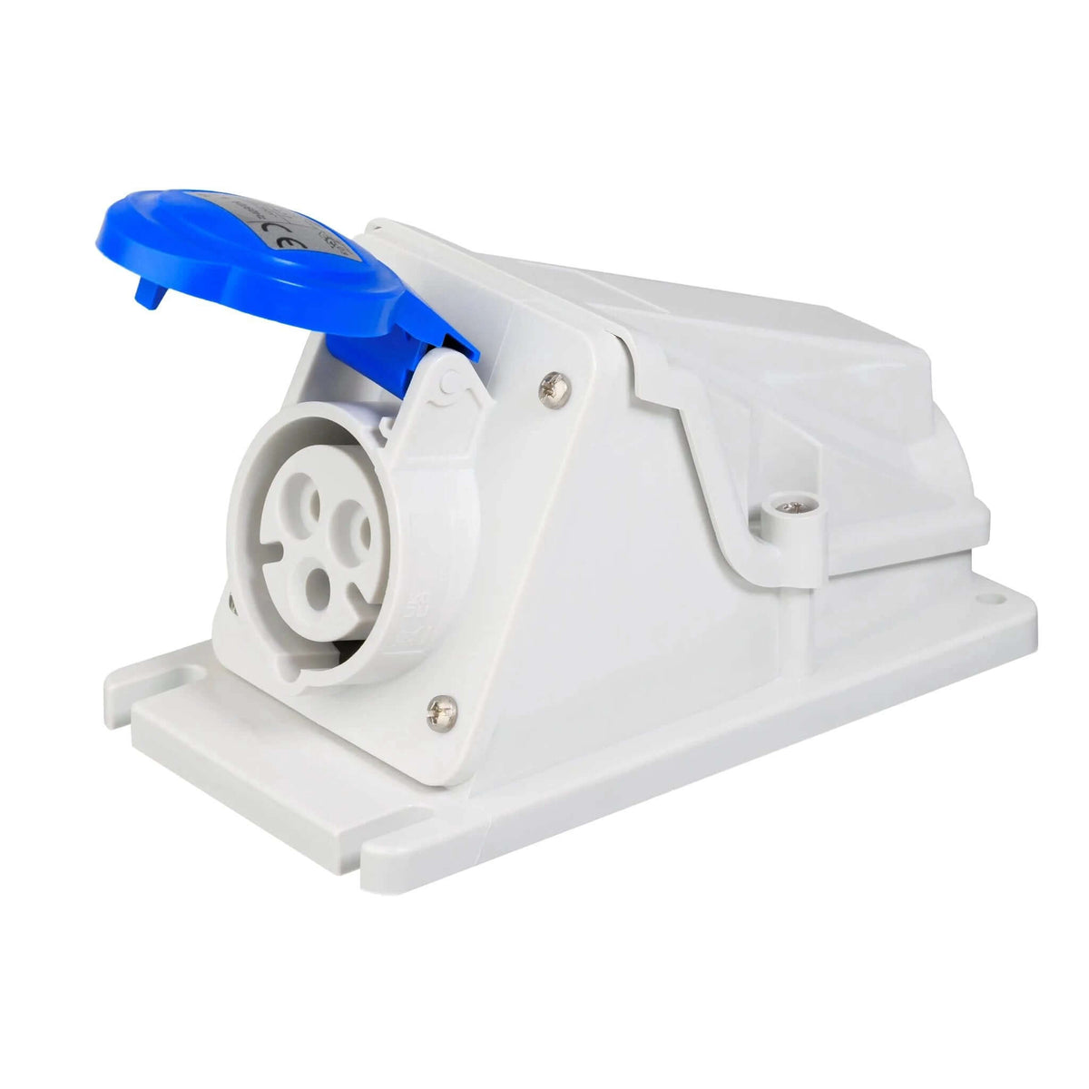 Gewiss GW62477 90° angled surface-mount socket outlet, white housing with blue flip lid open, 230V 16A 2P+E IP44. UAE
