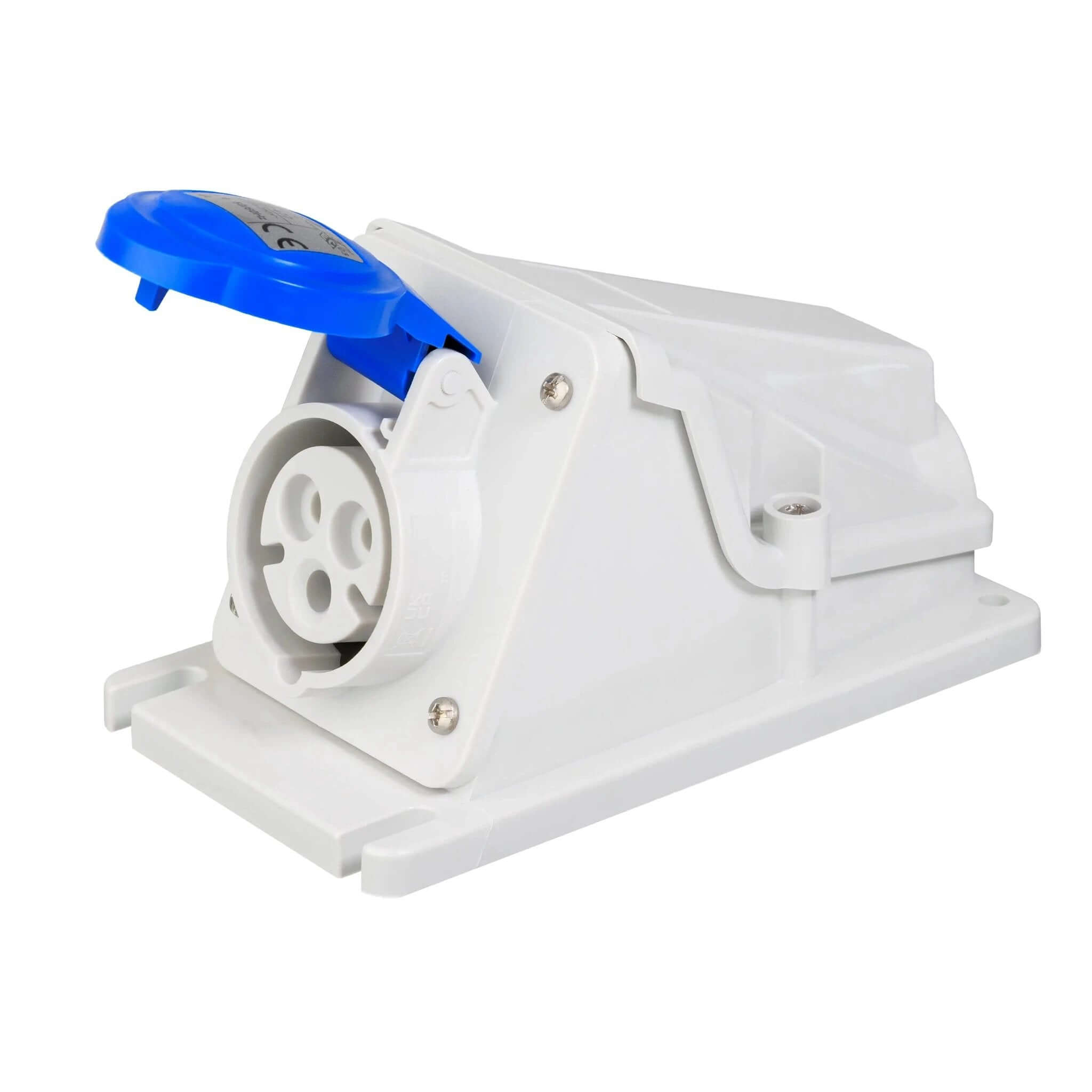 Gewiss GW62477 90° angled surface-mount socket outlet, white housing with blue flip lid open, 230V 16A 2P+E IP44. UAE