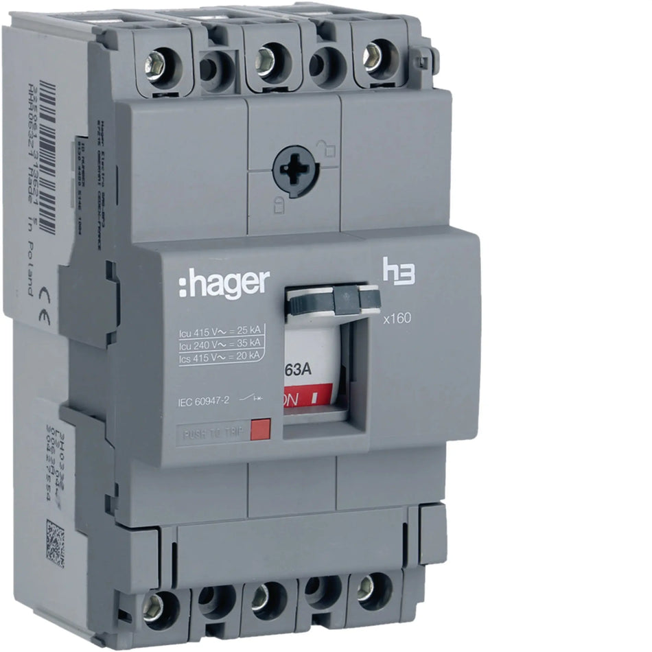 Hager HHA063Z 3-pole 63A 25kA MCCB (h3 x160) — official Hager product photo