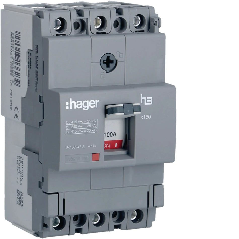 Hager HHA100Z 3-pole 100A 25kA MCCB (h3 x160) — official Hager product photo
