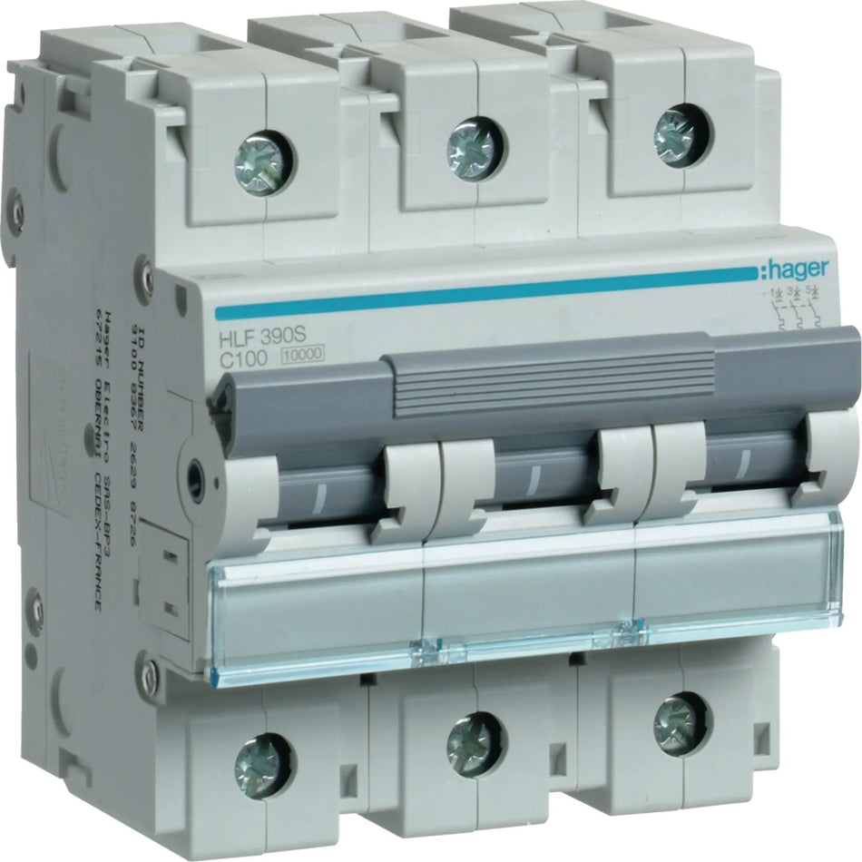 Hager HLF390S 3-pole 100A Type C 10kA MCB — official Hager product photo