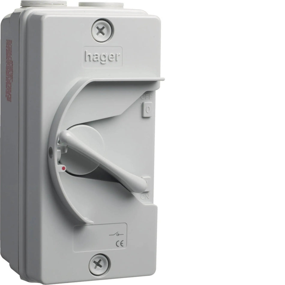 Hager JG-series IP66 2-pole isolator (32A JG232IN family) — official Hager product photo