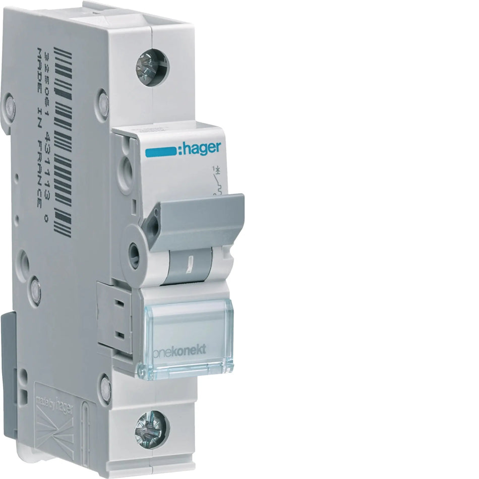 Hager MCN120 1-pole 20A Type C 6kA MCB — official Hager product photo
