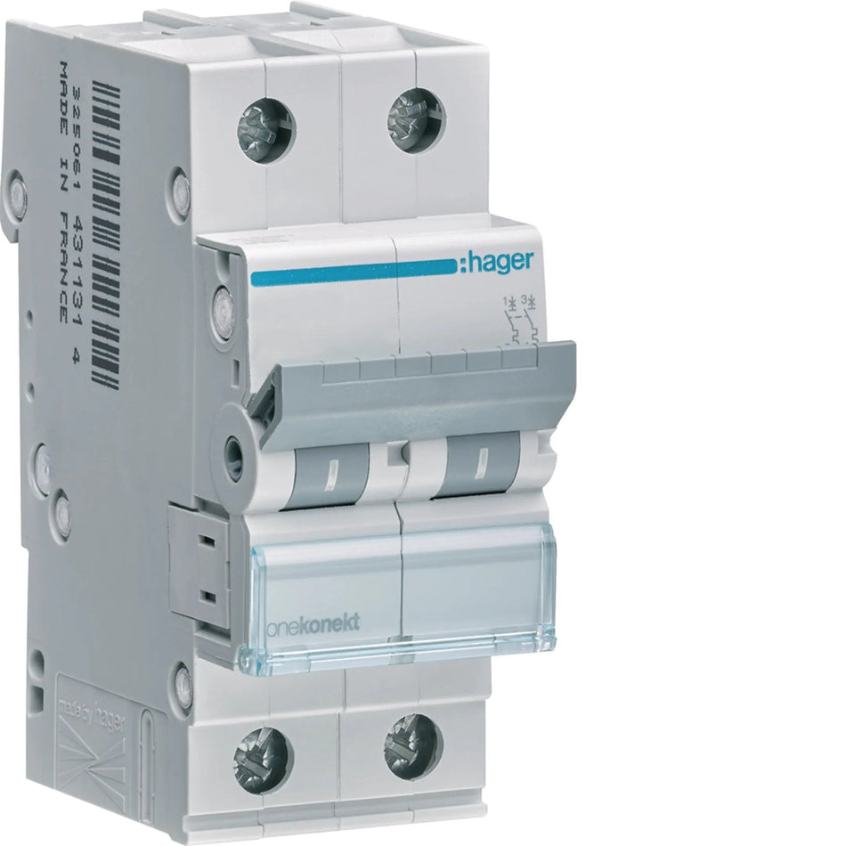 Hager MCN240 2-pole 40A Type C 6kA MCB — official Hager product photo