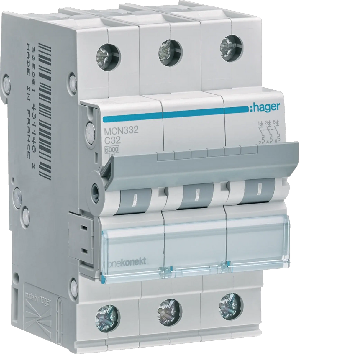 Hager MCN332 miniature circuit breaker, 32A, 3-pole Type C, 6kA, front view UAE