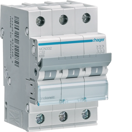Hager MCN332 miniature circuit breaker, 32A, 3-pole Type C, 6kA, front view UAE