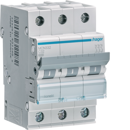 Hager MCB 32A 3P 6kA Type C – MCN332 (Miniature Circuit Breaker)
