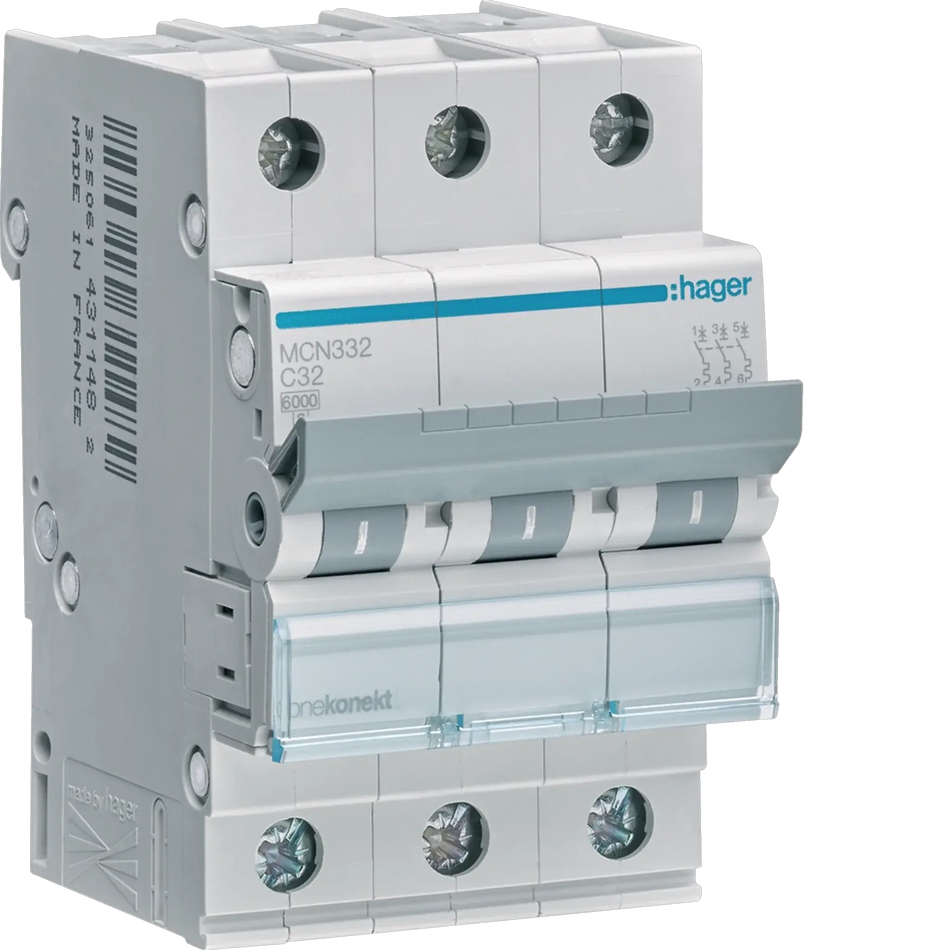 Hager MCN332 miniature circuit breaker, 32A, 3-pole Type C, 6kA, front view UAE