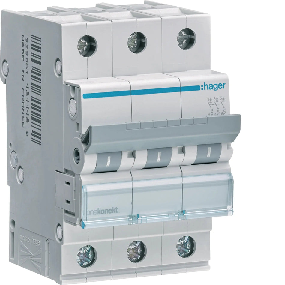 Hager MCN363 3-pole 63A Type C 6kA MCB — official Hager product photo