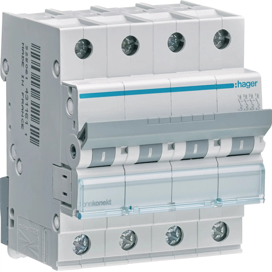 Hager MCN463 4-pole 63A Type C 6kA MCB — official Hager product photo