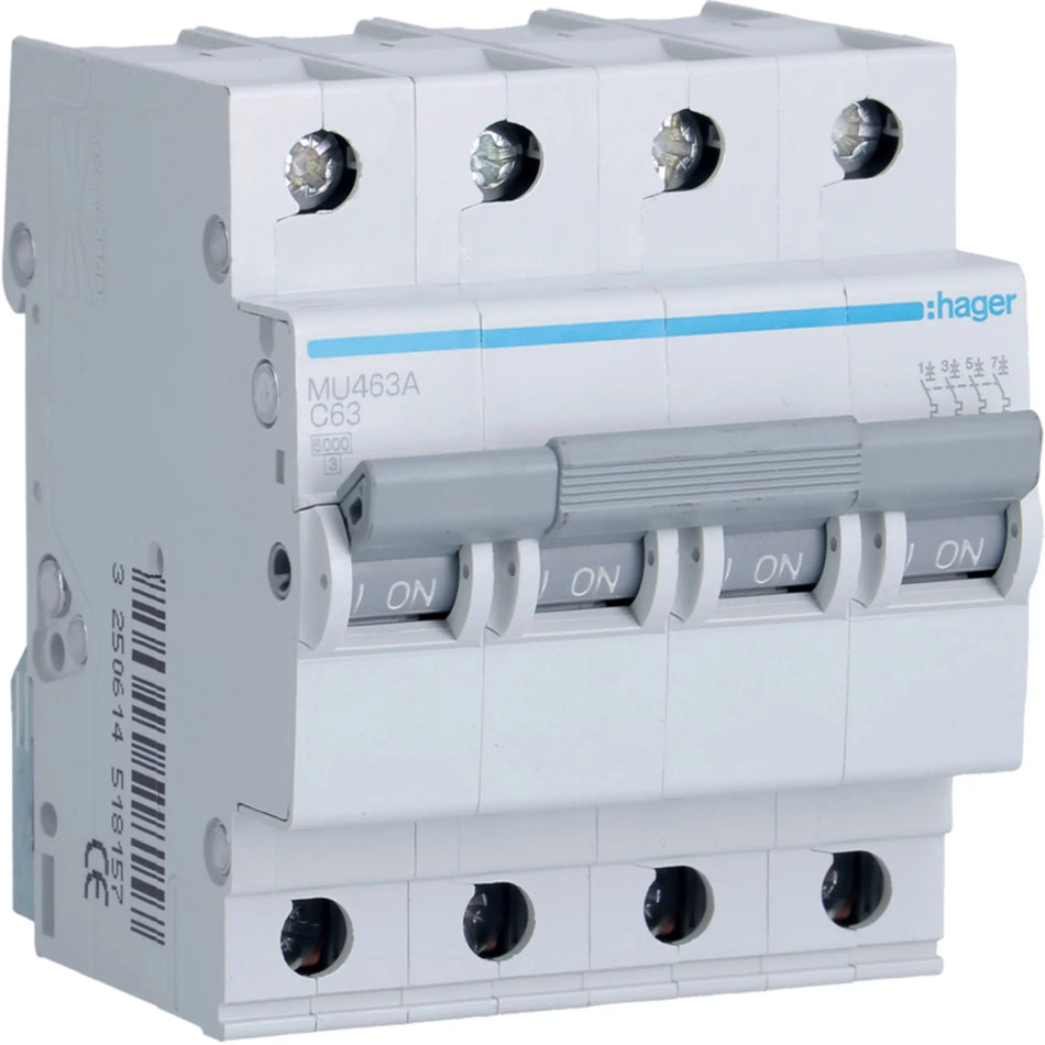 Hager MU463A 4-pole 63A Type C 6kA MCB — official Hager product photo