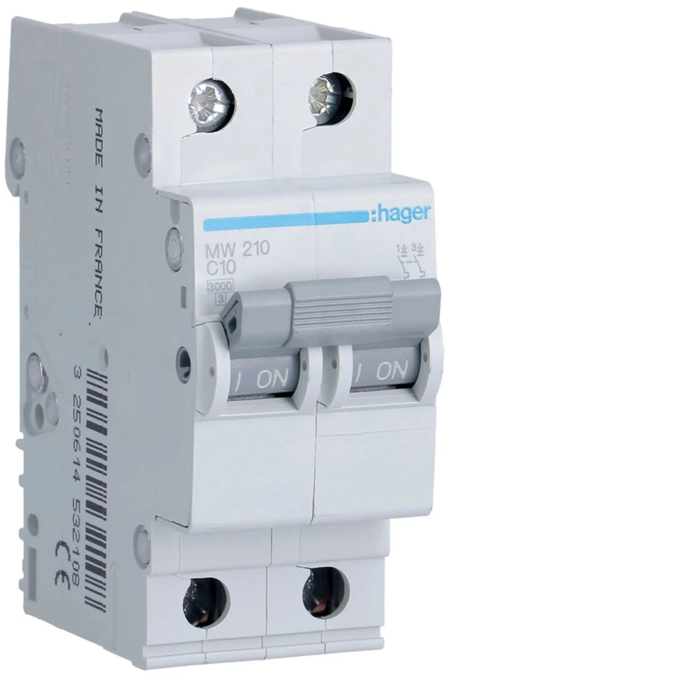 Hager MW210 2-pole 10A Type C MCB — official Hager product photo