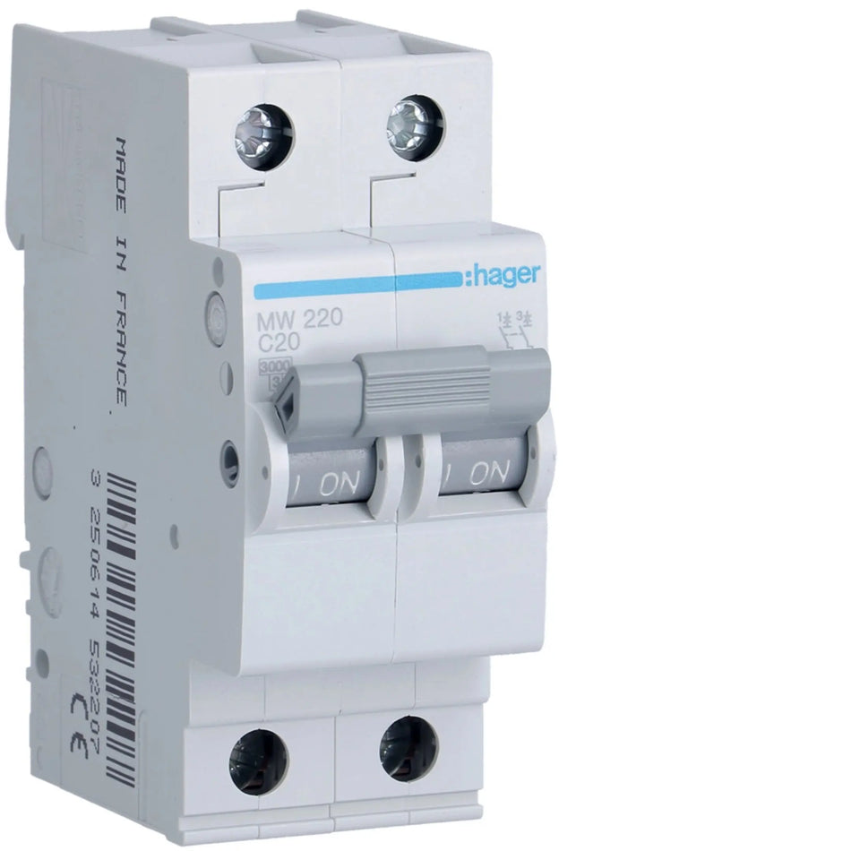 Hager MW220 2-pole 20A Type C MCB — official Hager product photo