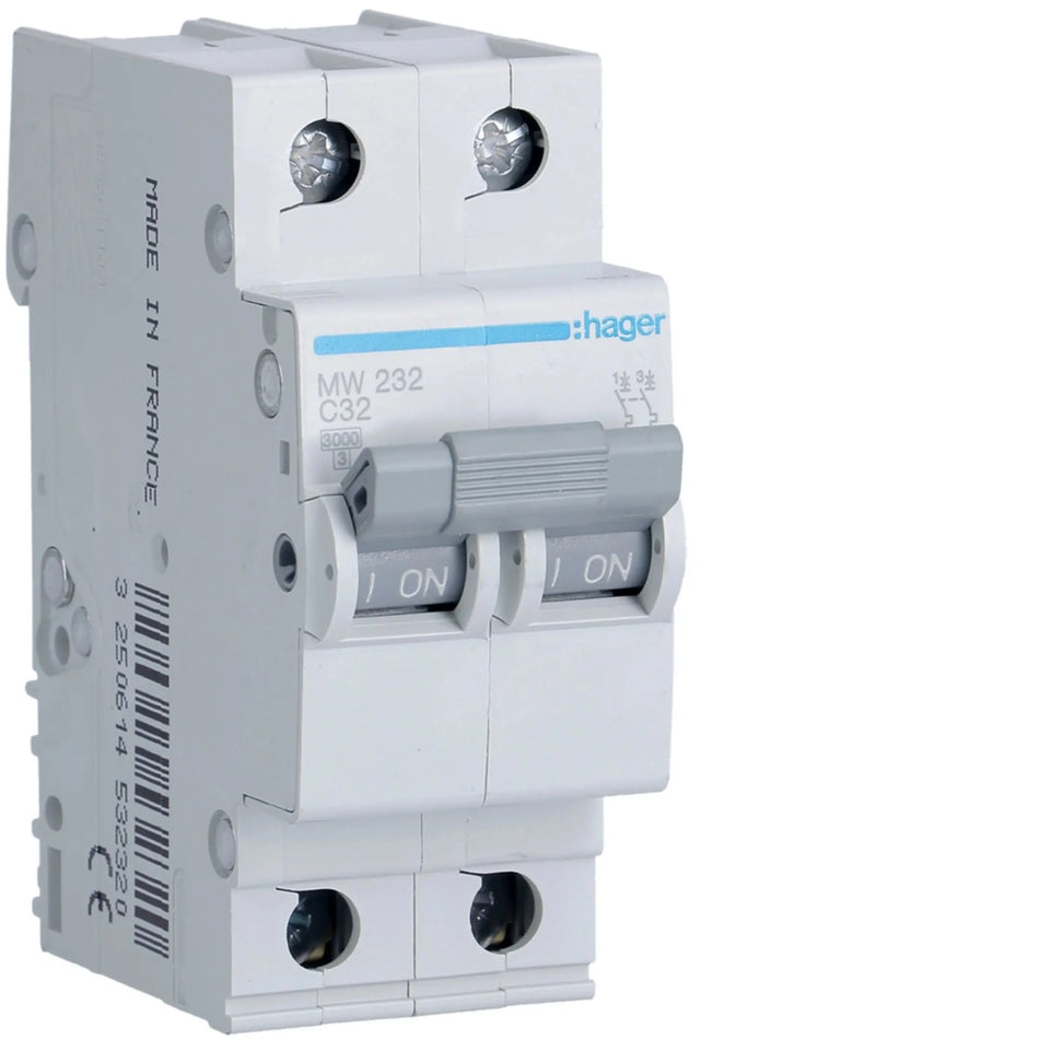 Hager MW232 2-pole 32A Type C MCB — official Hager product photo