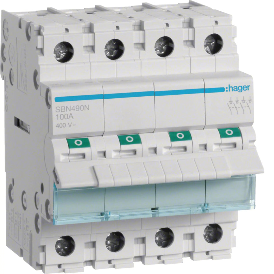 Hager SBN490N 4-pole 90A modular isolator switch — official Hager product photo