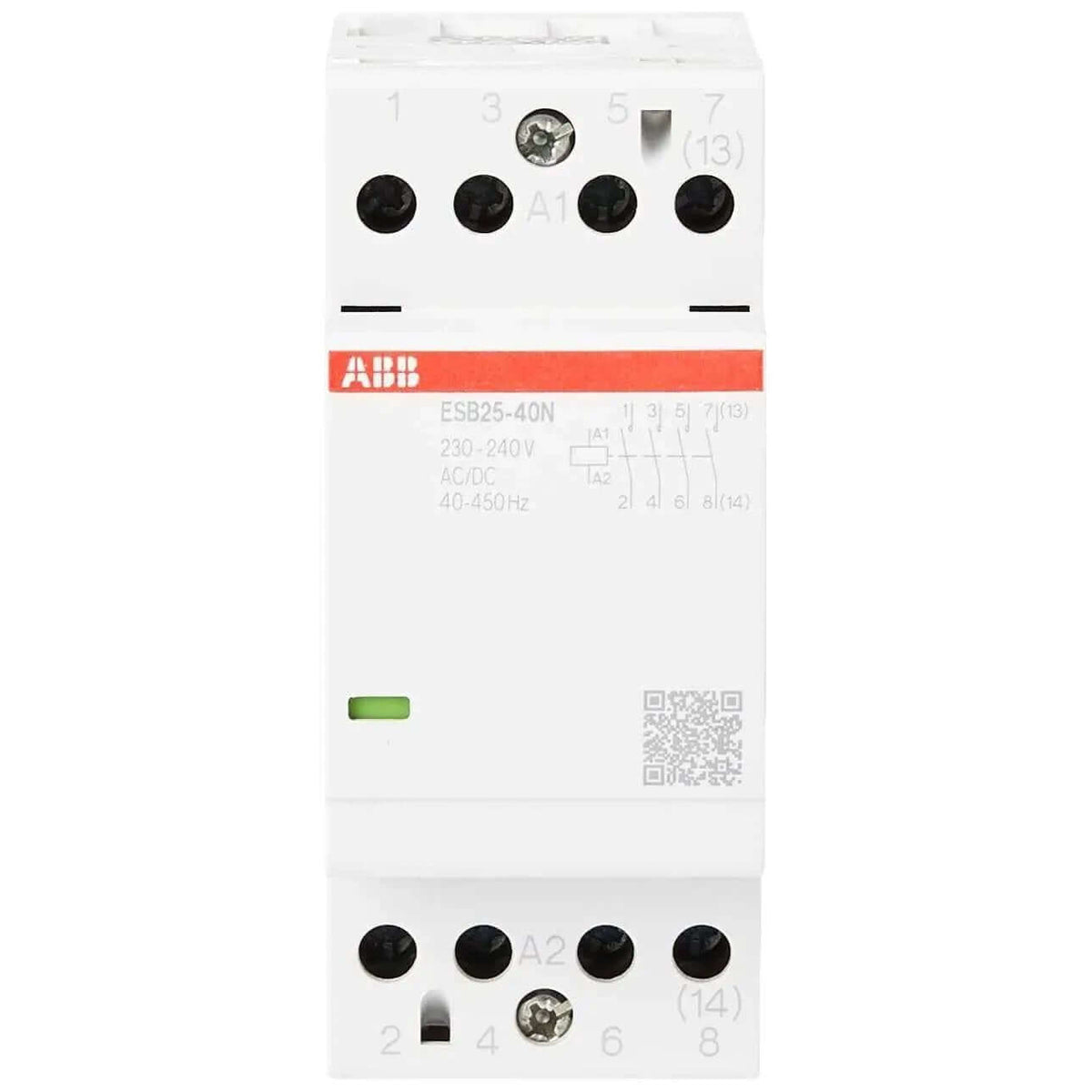 ABB ESB25-40N-06 25A 4-pole installation contactor, white body with red ABB logo. UAE
