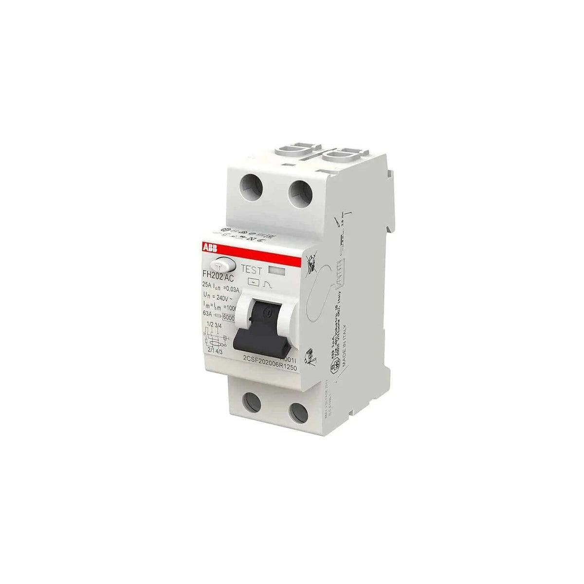 ABB FH202 AC 25A 2P 30mA RCCB/ELCB, front view of a white unit with red label. UAE