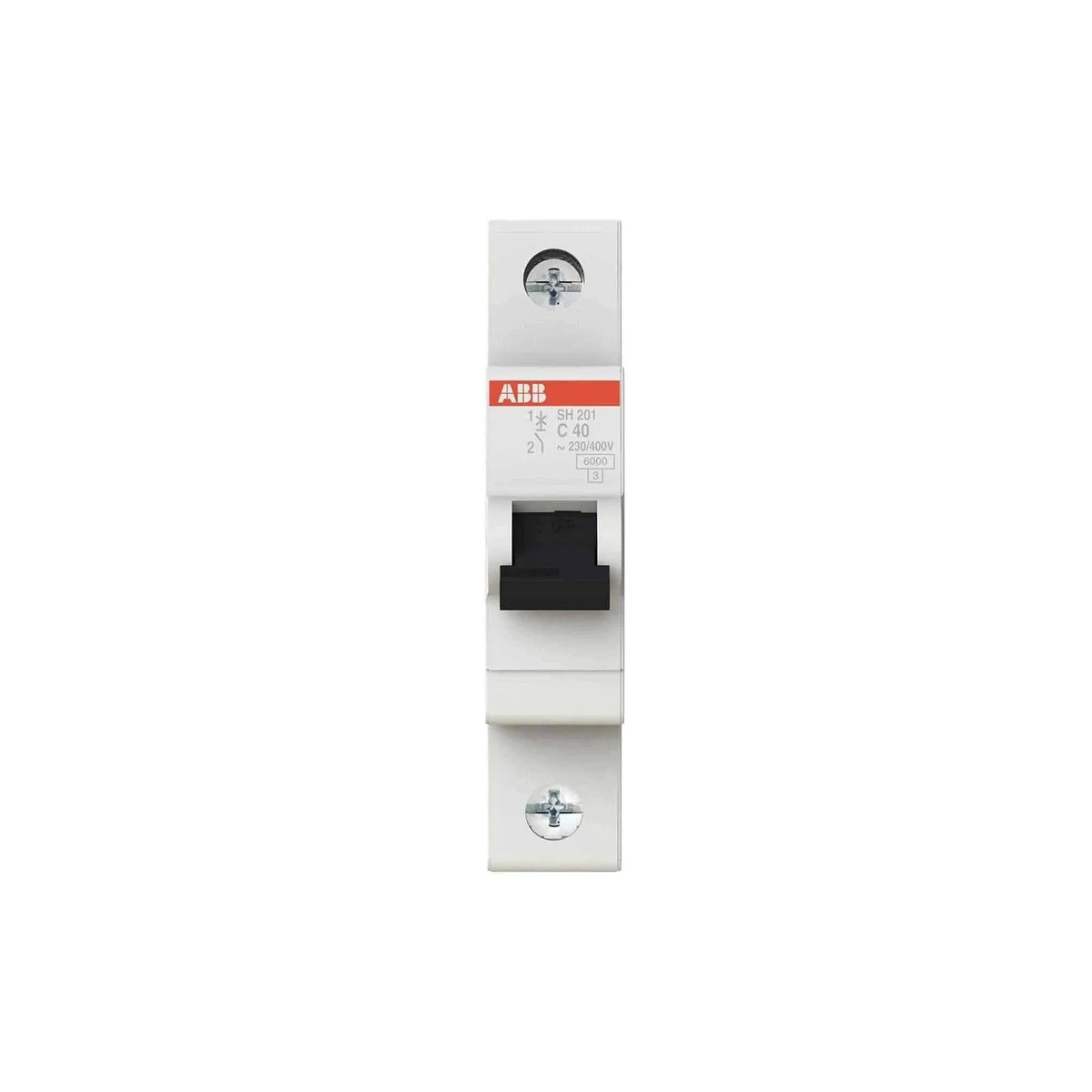 ABB 1P Type C MCB, 6KA, white body with black toggle and red ABB label. UAE